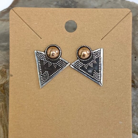 Sterling Silver 925 Gold Vermeil Bali Style Mixed Metal Triangle Stud Earrings - Picture 6 of 16